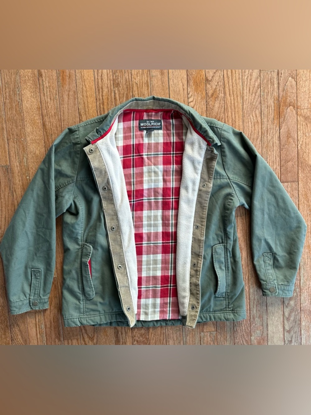 Vintage Woolrich Chore Coat Barn Field Jacket Cord Trim Blanket Lined LG Green - Picture 11 of 11